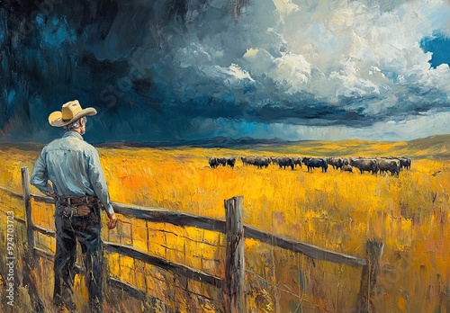 oil painting and water painting of the a livestock view and big man in cowboy gear, complete with a wide-brimmed hat and boots, as he gazes at cows in the field.