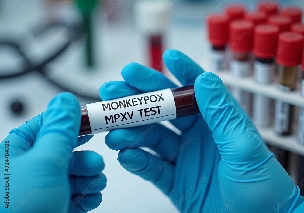  Close-up of a gloved hand holding a test tube labeled 
