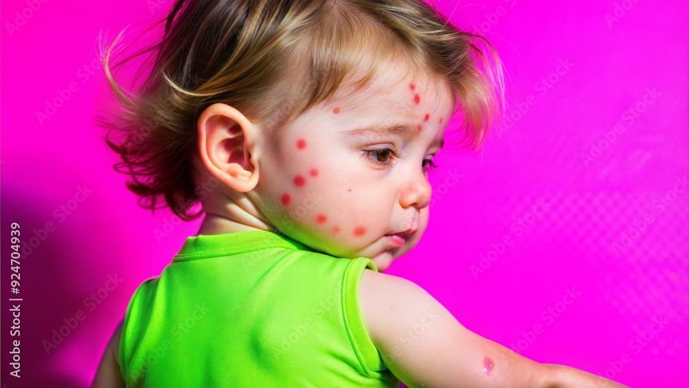 Toddler scratching chickenpox rash on her shoulder Toddler scratching chickenpox rash on her shoulder