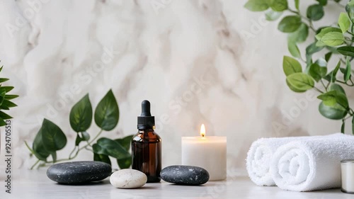A calming spa arrangement features essential oils, smooth stones, rolled towels, and a lit candle, creating a serene wellness environment.
