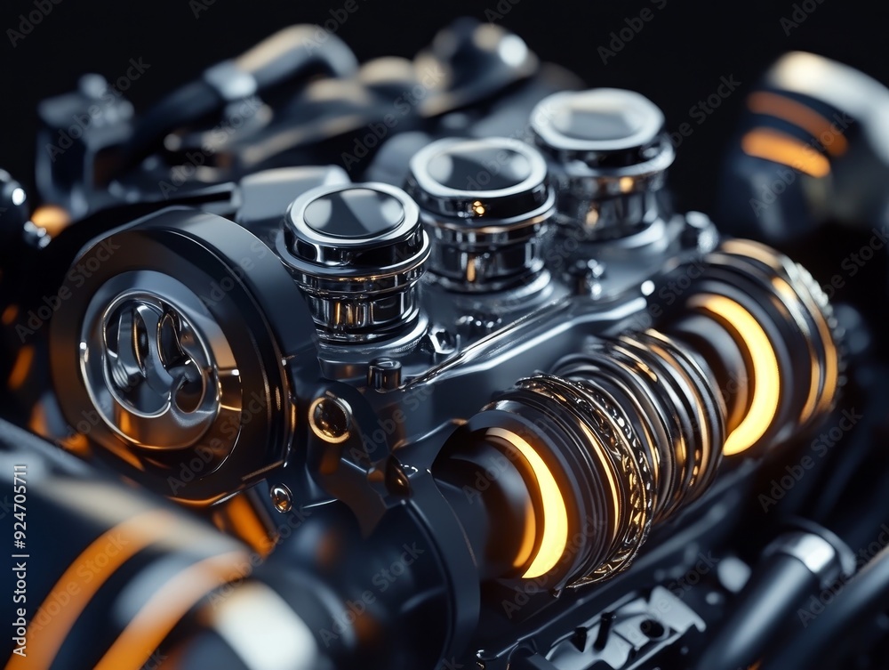 Monochrome hyper realistic internal combustion engine with premium components and sharp lighting Monochrome hyper realistic internal combustion engine with premium components and sharp lighting