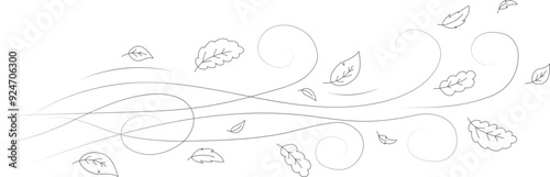 Doodle autumn leaves flying in the wind. Falling season outline backdrop, air flow leaves wave linear pattern or wind blowing doodle vector print. Autumn windy weather hand drawn monochrome background