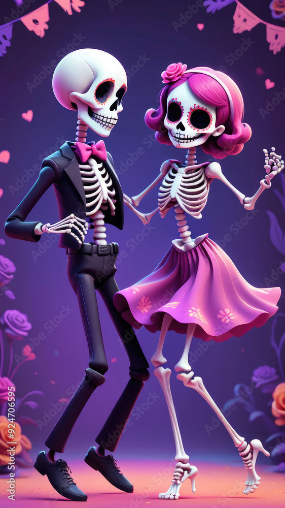 Dia de los Muertos carnival adorable cute skeletons happily dancing in love, a poster for the day of the dead in modern abstract style. Dia de los Muertos carnival adorable cute skeletons happily dancing in love, a poster for the day of the dead in modern abstract style.
