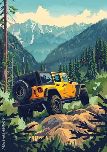 SUV all terrain vehicle in the wild, Vintage poster. AI generated