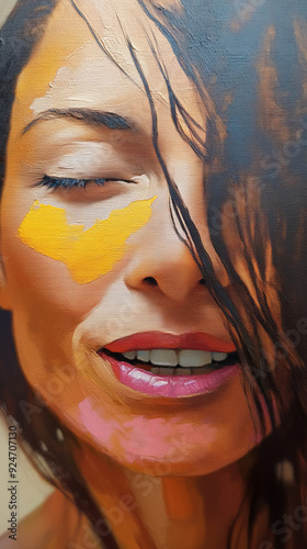  Warm light envelops the face of a woman with her eyes closed, her hair gently touches her face. Oil strokes create an atmosphere of comfort and serenity, emphasizing inner harmony.