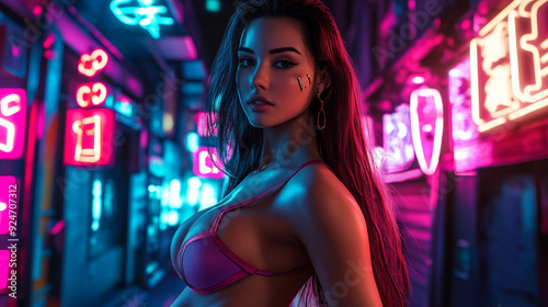 A woman with well-defined muscles, long hair and radiant skin that shimmers with cold shades under the neon light of the night metropolis.