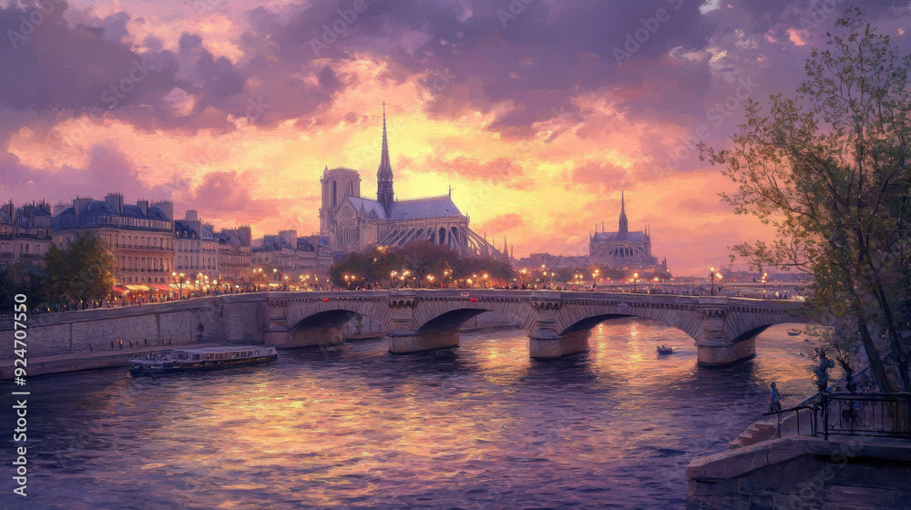 Fototapeta premium A romantic scene in Paris, capturing the Seine River with iconic bridges and Notre-Dame