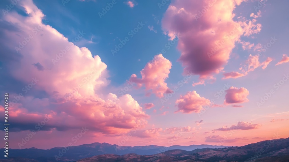 Naklejka premium Mesmerizing sunset over foothills adorned with rosy clouds.