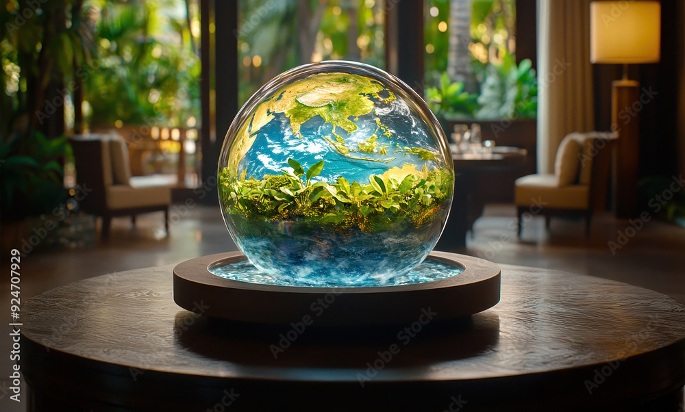 A stunning globe showcasing a vibrant aquatic scene, surrounded by lush greenery in a serene indoor environment. A stunning globe showcasing a vibrant aquatic scene, surrounded by lush greenery in a serene indoor environment.