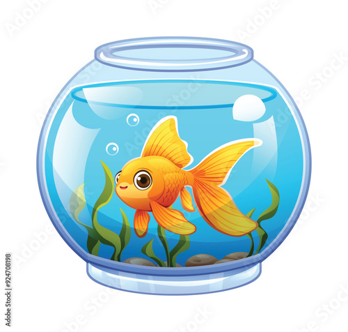 Cute goldfish in round aquarium illustration. Cartoon vector isolated on white background