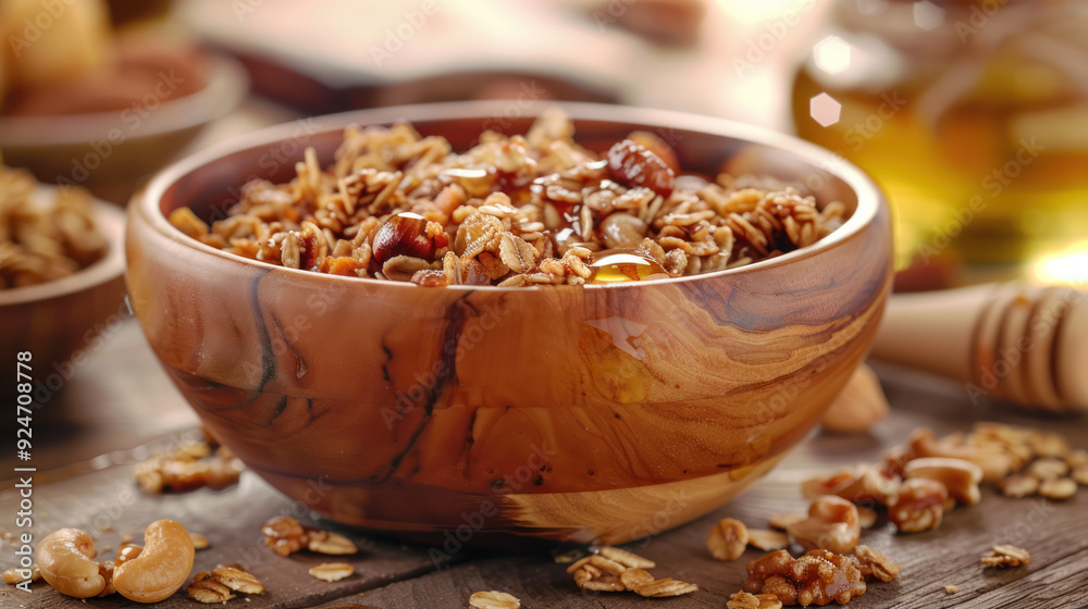 Granola With Nuts and Honey in Wooden Bowl Granola With Nuts and Honey in Wooden Bowl
