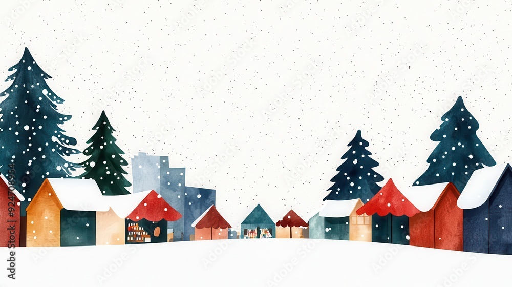 Watercolor illustration of a snowy winter village scene with colorful houses and pine trees.