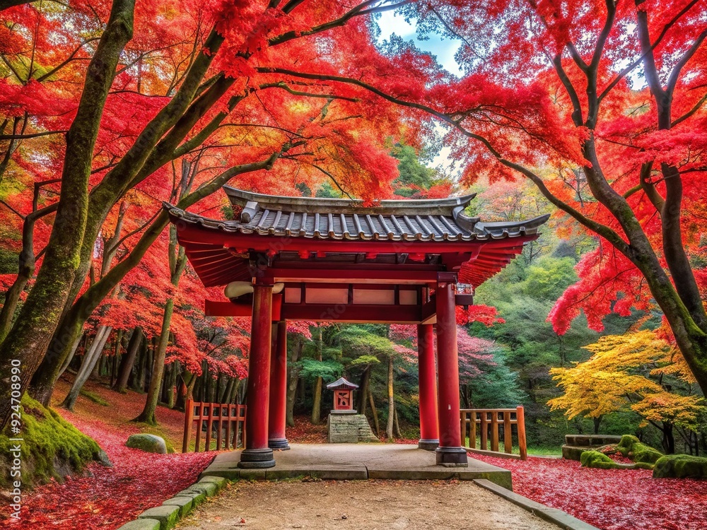 Crimson Canopy's Embrace: Bold, Vibrant, Crimson Red, Autumnal Forest, Japanese Traditional Crimson Canopy's Embrace: Bold, Vibrant, Crimson Red, Autumnal Forest, Japanese Traditional