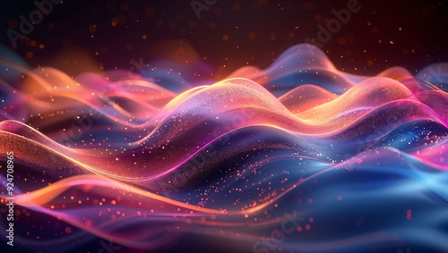 A Dazzling Dance of Luminous Waves: Vibrant Hues of Pink, Orange, and Blue Undulate Gracefully Against a Dark Background, Evoking Energy and Serenity in Perfect Harmony.