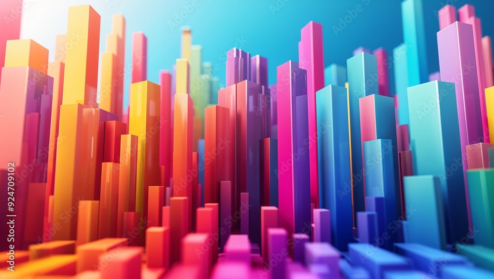 A Stunning View of a Colorful Cityscape, Bathed in Light, Showcasing a Dynamic Landscape of Tall, Bright Towers Emerging from the Ground Upwards in Various Shades and Heights. A Stunning View of a Colorful Cityscape, Bathed in Light, Showcasing a Dynamic Landscape of Tall, Bright Towers Emerging from the Ground Upwards in Various Shades and Heights.