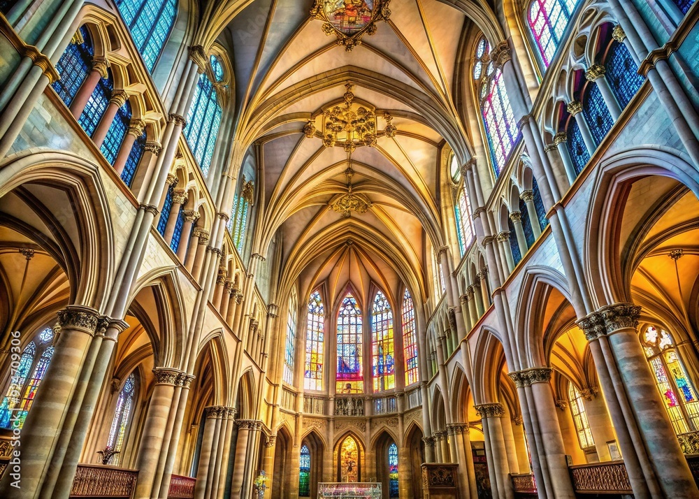 Gothic Revival Cathedral: Pointed arches, ribbed vaults, stained glass, intricate details, muted colors Gothic Revival Cathedral: Pointed arches, ribbed vaults, stained glass, intricate details, muted colors