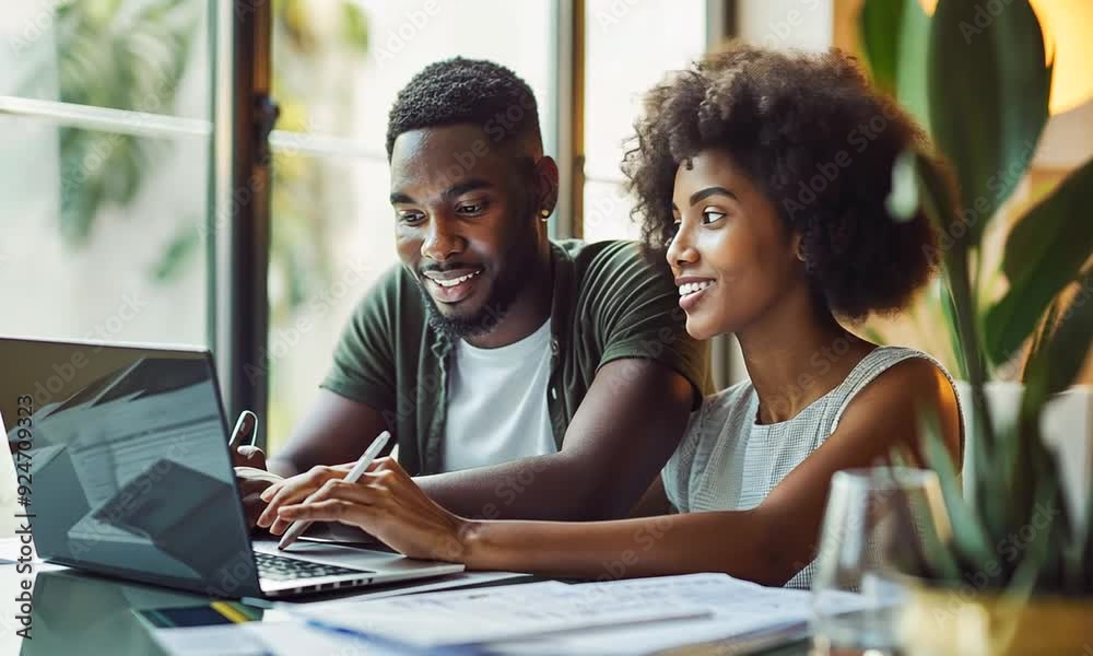 A couple enjoys a collaborative work session, exchanging ideas while engaged with a laptop and surrounded by paperwork in a bright, inviting space A couple enjoys a collaborative work session, exchanging ideas while engaged with a laptop and surrounded by paperwork in a bright, inviting space