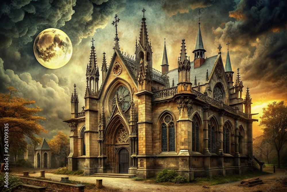 Fototapeta premium Haunted Heritage: Vintage, spooky, aged materials, Gothic architecture, macabre symbolism