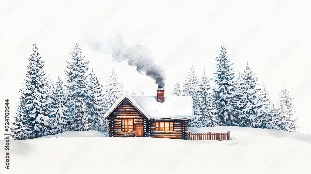 Cozy wooden cabin nestled in a snowy forest, smoke rising from the chimney. Cozy wooden cabin nestled in a snowy forest, smoke rising from the chimney.
