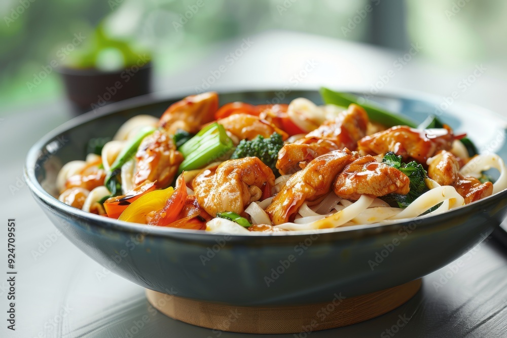 A vibrant bowl of chicken stir-fry noodles with vegetables. A vibrant bowl of chicken stir-fry noodles with vegetables.