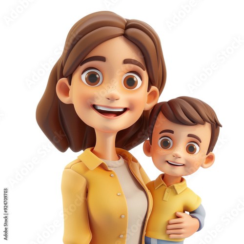 Simple Cartoon 3D illustration of smiling woman with boy