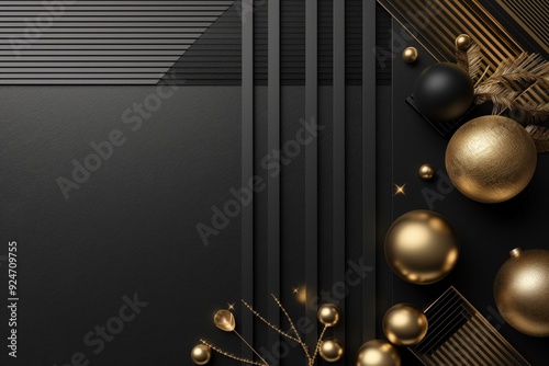 Minimalist black friday themed background with golden and black ornaments on a black background with copy space