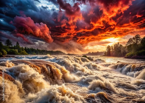 Raging River's Fury: Powerful, dramatic, deep red, stormy clouds, crashing waves, swirling rapids