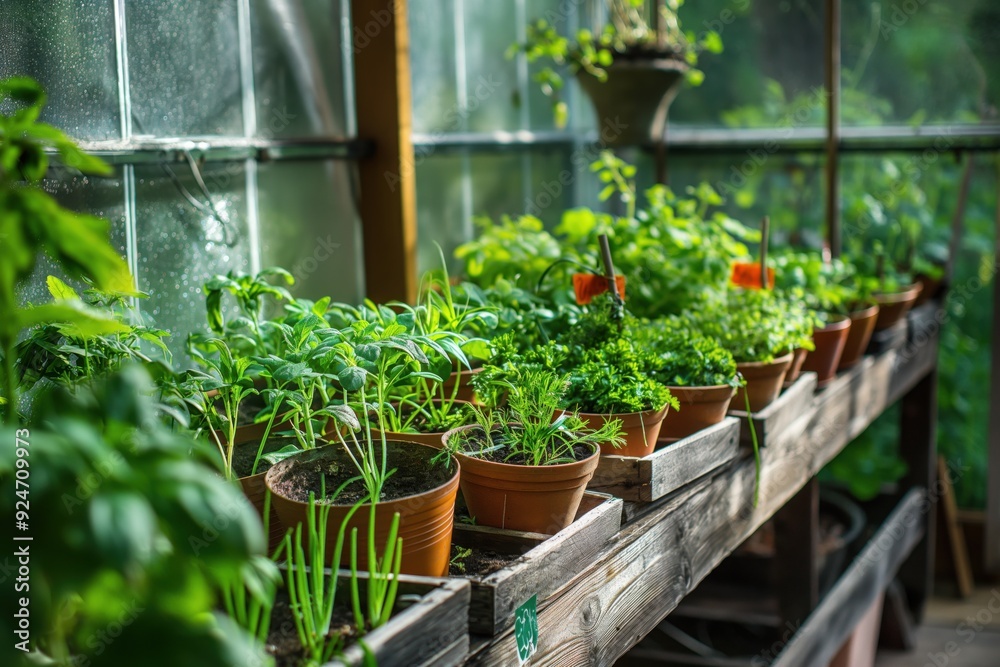 Rows of fresh herbs and vegetables growing in pots on wooden shelves inside a greenhouse Rows of fresh herbs and vegetables growing in pots on wooden shelves inside a greenhouse