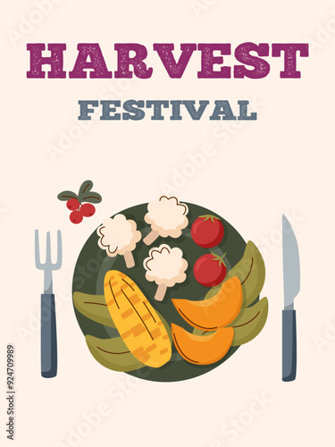 Harvest festival card. Happy harvest poster. Autumn, harvest and Thanksgiving concept. Plate with vegetables. 