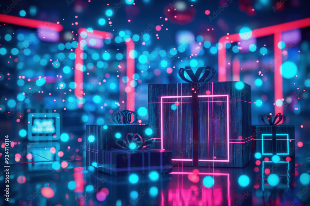 Vibrant neon sign for black friday shines atop a gift box in a futuristic cityscape, lit by bokeh lights. Capture the essence of holiday shopping with cyber monday deals in november and december
