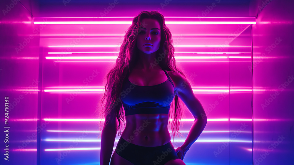 A model with raised hips and abs in a minimalistic suit that emphasizes every muscle. Long hair and neon lights create a bright and futuristic look. A model with raised hips and abs in a minimalistic suit that emphasizes every muscle. Long hair and neon lights create a bright and futuristic look.
