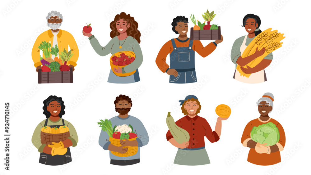 Set of people with harvest in flat style isolated on white. Harvest, autumn, Thanksgiving concept. Harvest festival. Set of people with harvest in flat style isolated on white. Harvest, autumn, Thanksgiving concept. Harvest festival.