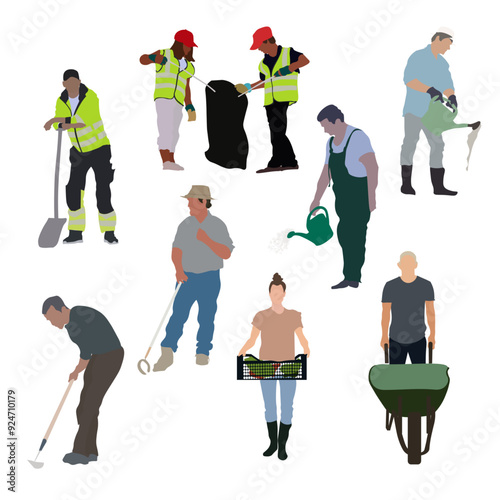 Silhouettes of people working in different fields. Cleaners, gardeners and others in color