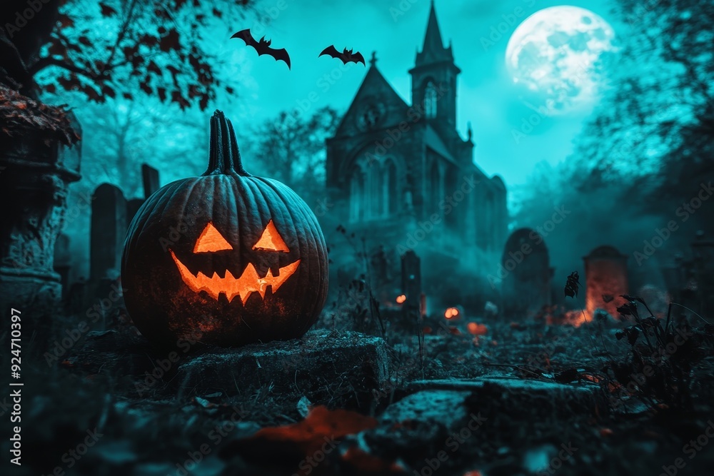 Spooky halloween scene pumpkin zombie rises from graveyard at night with full moon and bats Spooky halloween scene pumpkin zombie rises from graveyard at night with full moon and bats