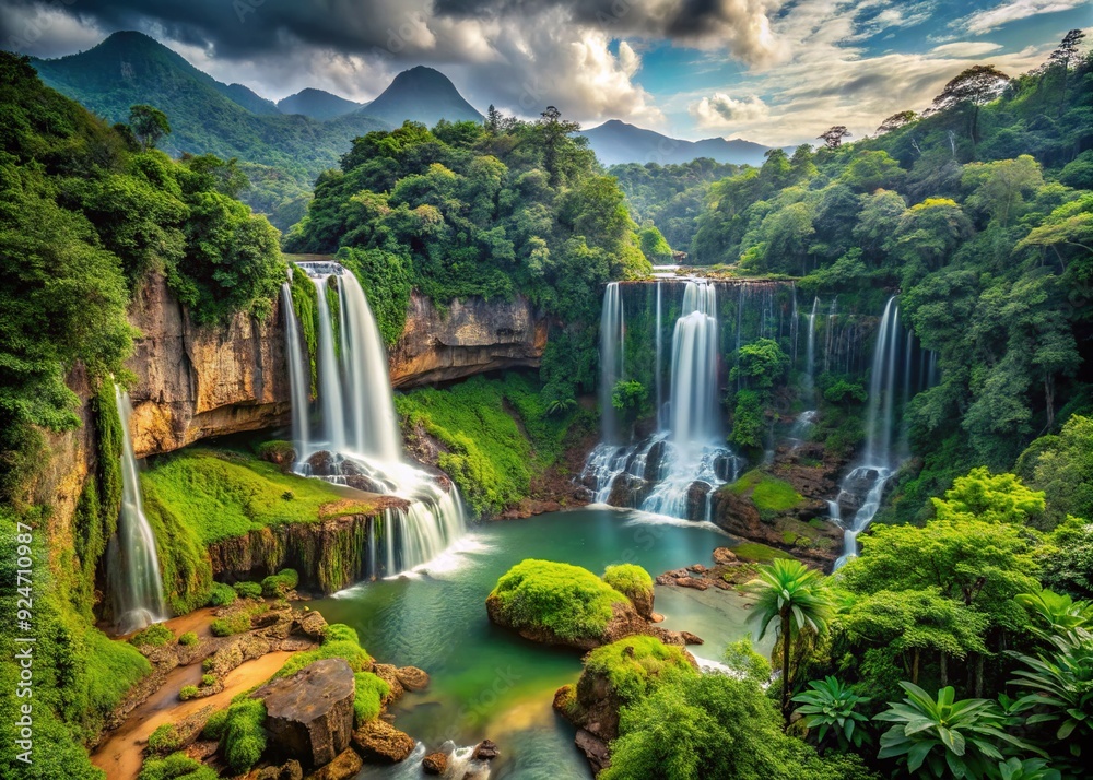 Fototapeta premium Untamed Beauty: Pristine rainforests, rugged cliffs, hidden waterfalls, natural wonders