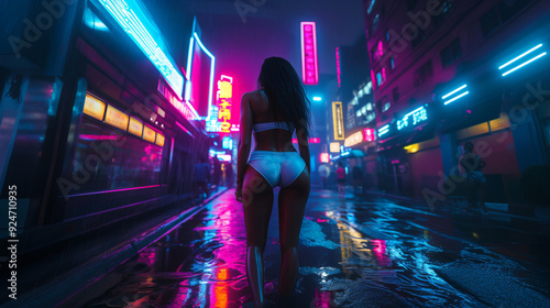 A woman with a relief body in a cyberpunk costume, her long hair fluttering, and neon stripes create an effect of dynamics and strength around her, emphasizing her power.