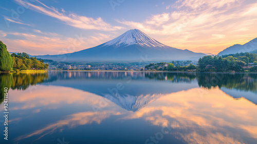 A serene view of Mount Fuji reflected in the calm waters of Lake Kawaguchi during sunrise photo