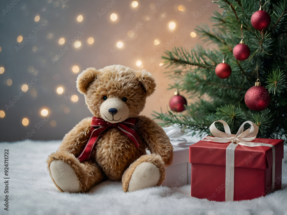 A teddy bear sitting with a pine tree, with a blurry Christmas star and gift boxes in the background. A teddy bear sitting with a pine tree, with a blurry Christmas star and gift boxes in the background.