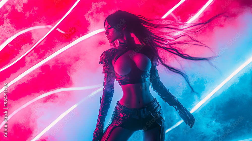 A woman in a cyberpunk costume, her long hair fluttering, and neon lines envelop her body, emphasizing the power and dynamics of her image against the background of neon lights. A woman in a cyberpunk costume, her long hair fluttering, and neon lines envelop her body, emphasizing the power and dynamics of her image against the background of neon lights.