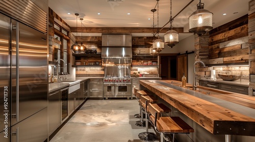 A kitchen with a mix of rustic and modern elements, such as reclaimed wood accents and sleek stainless steel appliances.