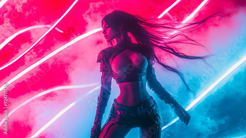 A woman in a cyberpunk costume, her long hair fluttering, and neon lines envelop her body, emphasizing the power and dynamics of her image against the background of neon lights.
