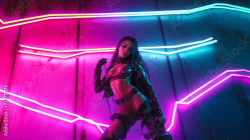 A woman in a cyberpunk outfit made of metal and leather, her long hair fluttering, and neon stripes envelop her body, emphasizing the dynamics and strength of her image.