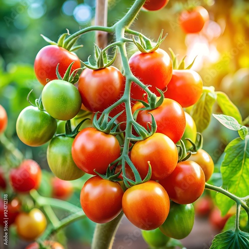 bunch of bright red tomatoes on organic farm tomato plant