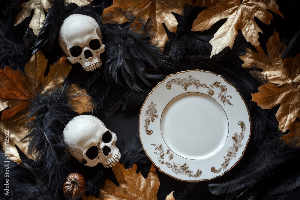 Boho halloween table decor with plate mockup, black feathers, skulls, and golden leaves top view