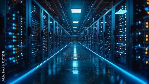 A server room with rows of data servers. Generative AI