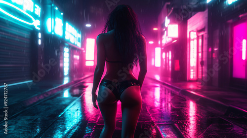  A strong woman in a metal suit with leather elements, her hair fluttering in the wind, and neon stripes surround her, creating an atmosphere of futuristic movement.