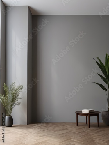 Empty minimalist gray living room background with herringbone wooden floor