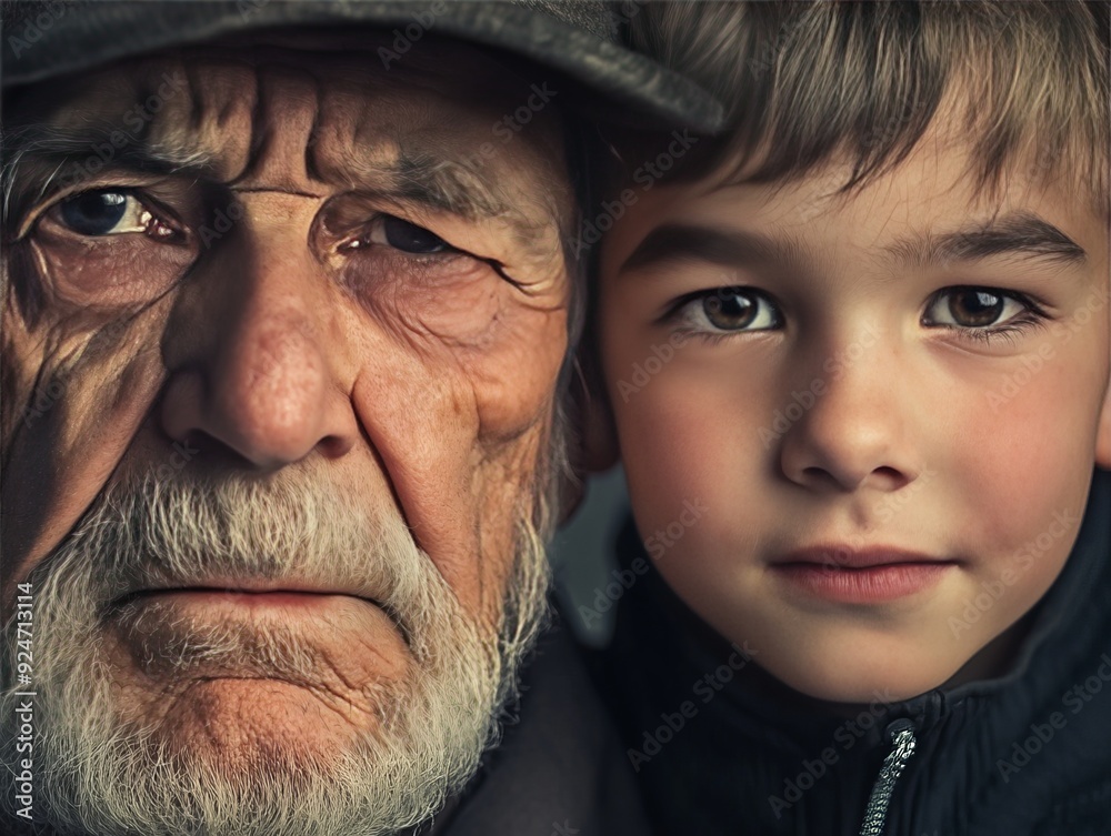 Contrasting generations portrait of old man and young boy expressing opposing emotions Contrasting generations portrait of old man and young boy expressing opposing emotions