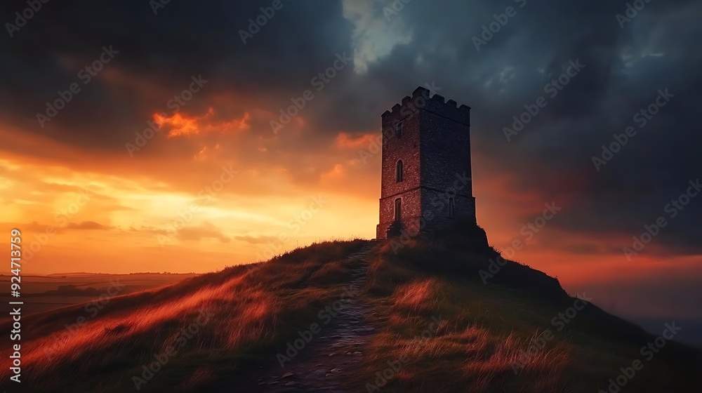 A stone tower stands on a grassy hilltop, bathed in the warm glow of a sunset. A path leads up the hill, inviting exploration. The sky is a canvas of vibrant orange and deep purple hues. A stone tower stands on a grassy hilltop, bathed in the warm glow of a sunset. A path leads up the hill, inviting exploration. The sky is a canvas of vibrant orange and deep purple hues.
