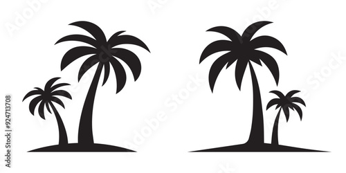 Set of Two Curved Palm Trees silhouette. isolated on White Background.